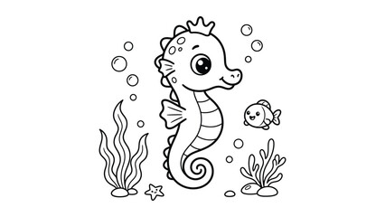 Cute Cartoon Seahorse Wearing Crown with Little Fish Vector, Kawaii Ocean Animal Coloring Page © SohebPixel