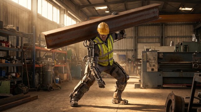 Construction Worker Wearing Exoskeleton Carrying Heavy Steel Beam in Warehouse