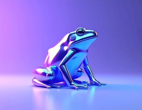 Shiny Chrome Frog Sculpture Illuminated by Neon Lights.