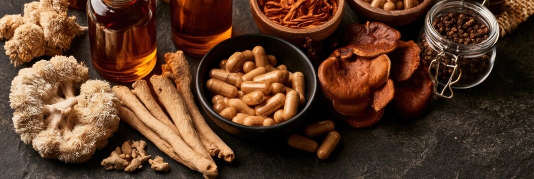 Adaptogenic longevity supplements including lions mane mushroom, ashwagandha, and rhodiola are arranged on dark slate.