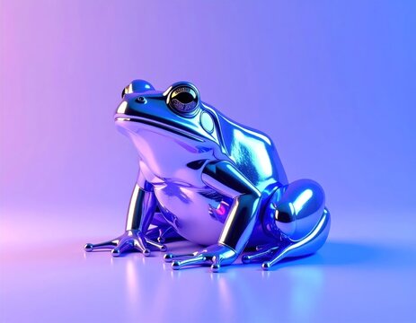 Shiny Chrome Frog Sculpture Illuminated by Neon Lights.