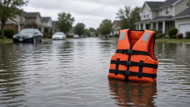 Orange Life Jacket Floating in a Flooded Suburban Street After Heavy Rainfall