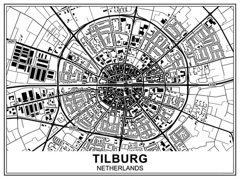 Tilburg Netherlands Black and White Vector Map with Urban Street Layout