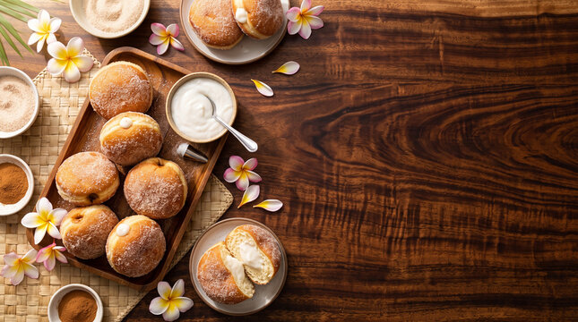 Top down view of Hawaiian golden Malasada donuts and coconut filling on wood
