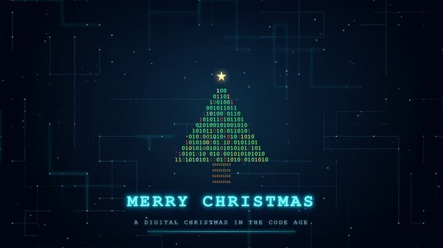 Digital Christmas tree made of binary code with glowing text on dark blue technology background