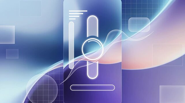 Glowing abstract interface with shapes and flowing lines on a blue purple gradient background, suggesting digital innovation