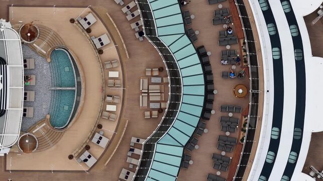 Aerial view of cruise ship deck near Ile Sainte-Marguerite, France.
