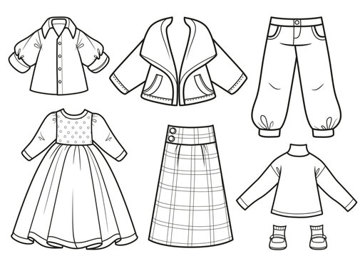 Short coat, long skirt, dress, blouse, cuffed trousers, turtleneck outline for coloring on a white background