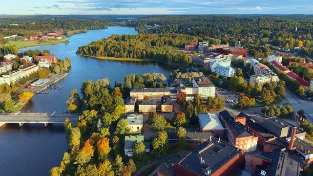 Aerial drone view of autumn city in Finland with lakes and bridges and nice architecture. 