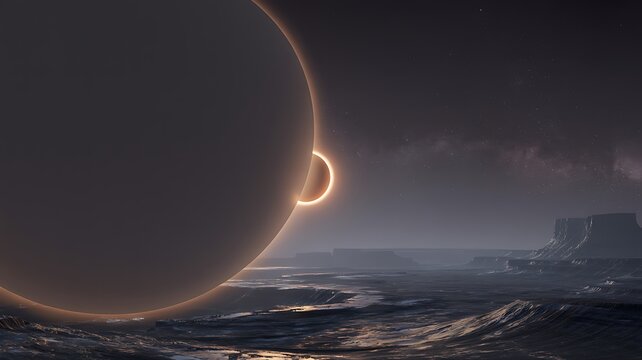 Surreal alien landscape with two planets in the dark starry sky