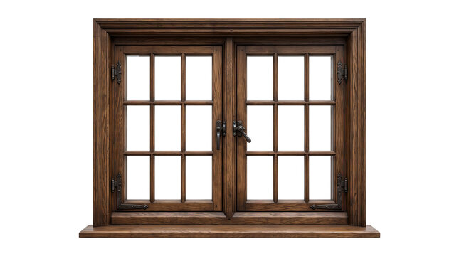 Rustic dark wood window frame, vintage oak timber casement with glass panes, traditional double wooden window for home renovation isolated PNG with Transparent Background