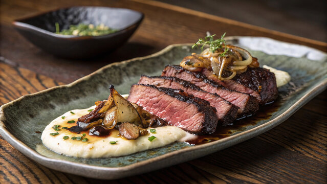 Contemporary charcoal beef bavette with caramelized miso coffee crust, celeriac puree, black garlic jus and charred vegetables