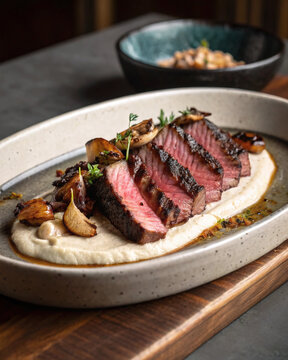 Sophisticated grilled beef bavette with miso coffee crust, smoked celeriac puree, charred onions and glossy black garlic jus