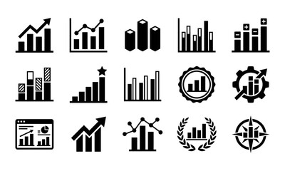 Obraz premium Set of black and white business graph and financial data analysis vector icon collection