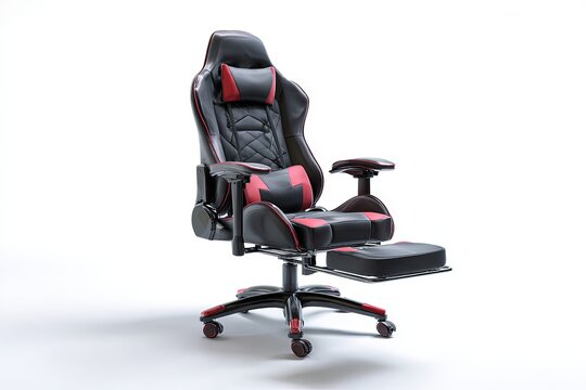 A sleek, ergonomic gaming chair designed for ultimate comfort and performance, featuring adjustable lumbar support, a retractable footrest, and a striking red and black aesthetic.
