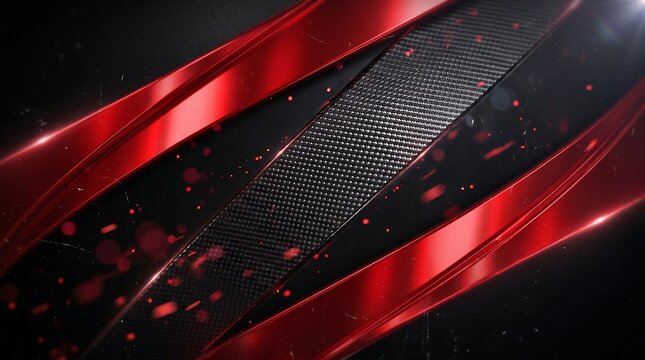 Abstract red and black metallic stripes with carbon fiber texture background creating dynamic modern design for automotive websites or gaming layout.