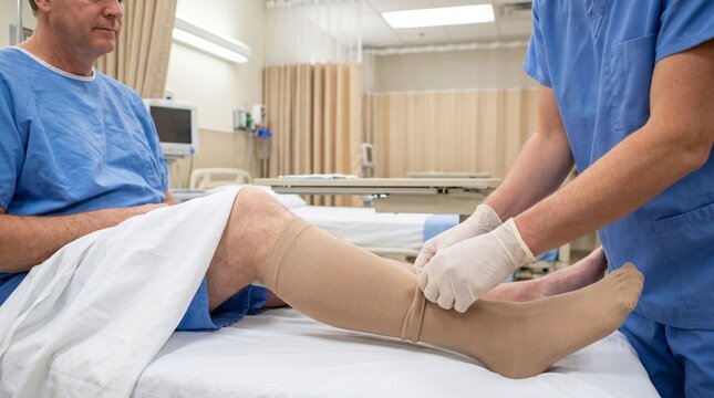Healthcare Professional Applying Compression Stockings to Surgical Patient