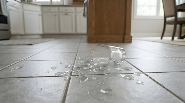 Broken Drinking Glass on Kitchen Floor Creating Household Safety and Cleanup Hazard
