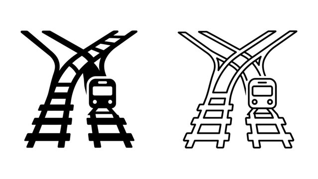 Train Tracks Crossroads: Two simplified, graphic representations of train tracks diverging and converging, with a stylized train on each set of parallel rails, symbolizing choices and journeys.
