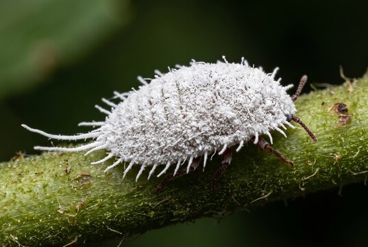 Extreme macro of a walking female mealybug covered in powdery white wax
