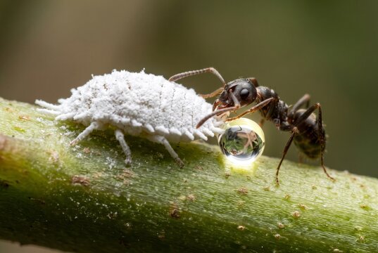 Macro view of an ant drinking a clear honeydew droplet from a mealybug