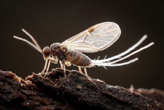 Macro profile of a delicate winged adult male mealybug with long caudal filaments