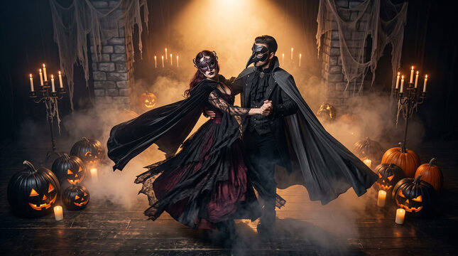 Couple dancing in gothic costumes at a spooky halloween party