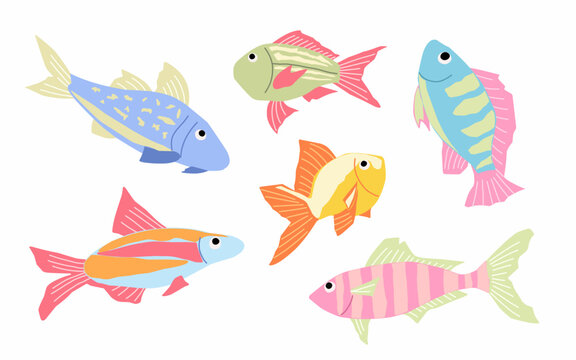 Cute Colorful Tropical Fish Vector Illustration Set, Hand Drawn Marine Life Icon Bundle For Children Pattern Design, Nursery Wall Art, Educational Poster, Flat Cartoon Aquatic Animal Clip Art