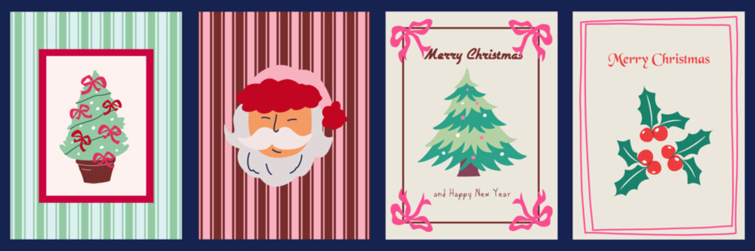 Cute Vintage Christmas Greeting Card Template Set, Hand Drawn Santa Claus, Decorated Xmas Tree, Holly Berry Banner Collection, Retro Holiday Invitation Poster, Coquette Pink Ribbon Bow Design Package
