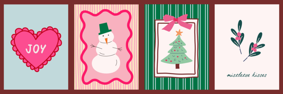 Hand Drawn Cute Christmas Greeting Card Bundle, Retro Snowman, Joy Heart, Xmas Tree, Mistletoe Kisses Template Set, Pastel Holiday Gift Tag, Coquette Aesthetic Winter Celebration Poster Collection
