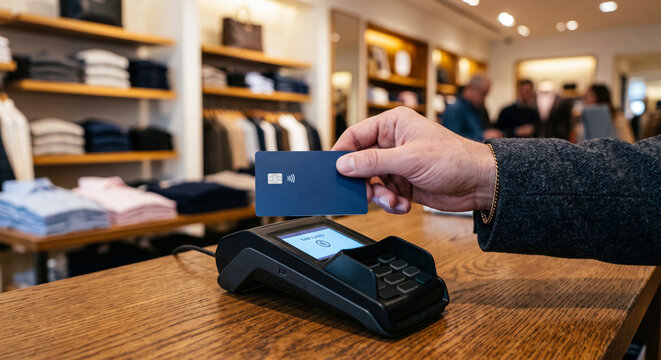 Customer using contactless credit card to pay at retail clothing store terminal.