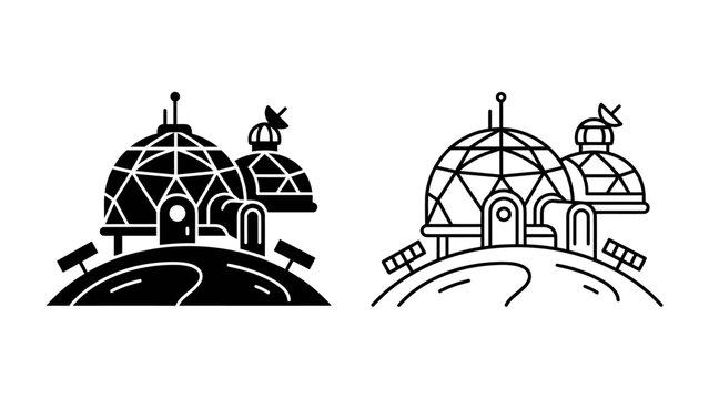 Futuristic Dome Colony: A stylized illustration depicts a domed settlement with solar panels and satellite dishes, representing a self-sustaining habitat for future exploration.