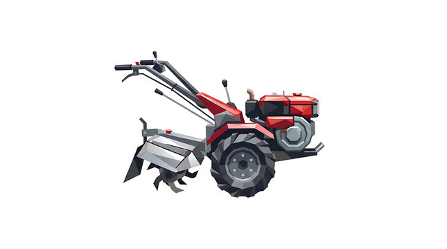 Low poly illustration of a red power tiller isolated on a white background