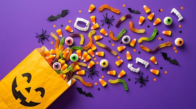 Spooky halloween candy pouring out of paper bag with worms eyeballs and teeth on purple background