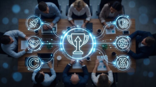 Business team in meeting with glowing championship trophy and success icons representing corporate achievement goals and strategic performance milestones in a modern office environment