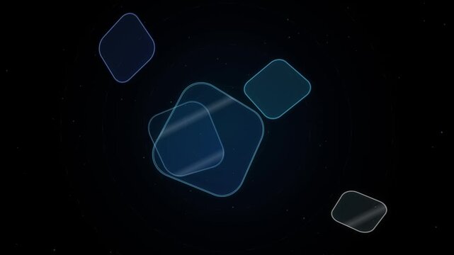 Floating glassmorphic squircle shapes rotating in dark digital space
