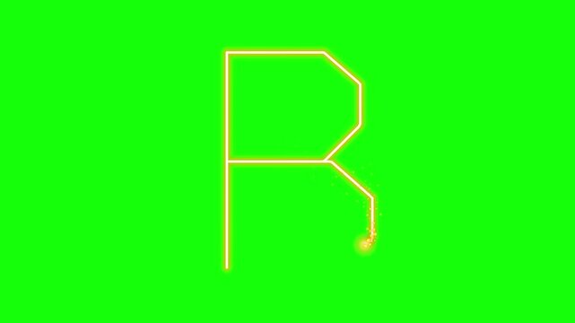 An animated neon line draws the letter B with bright sparks trailing along a solid green screen background.
