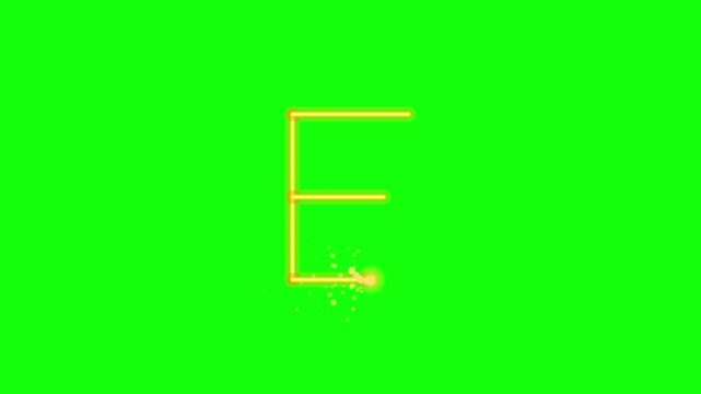 An animated neon yellow letter E draws itself on a vibrant green screen background, accompanied by sparkling particle effects along the glowing stroke.