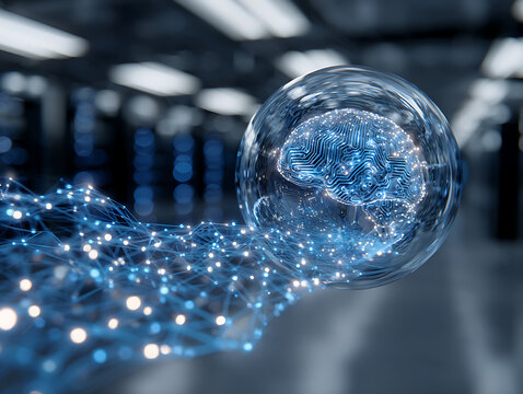 Glowing digital brain inside glass sphere connected to blue neural network grid in server room.