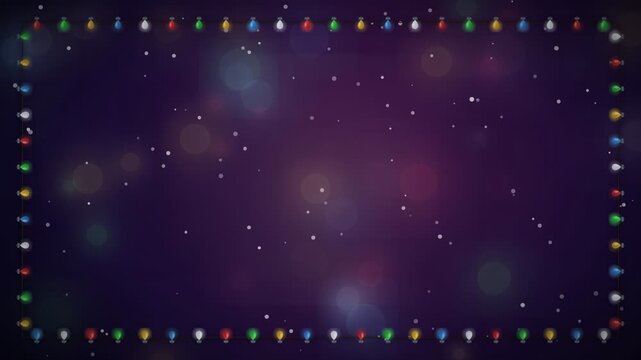 Animated festive border of colorful glowing light bulbs on a dark purple starry background
