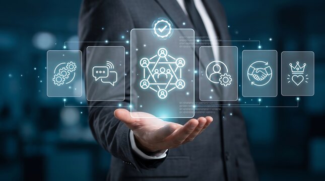 Businessman holding a glowing digital interface with human connection and team communication icons representing networking and professional collaboration for success in modern business