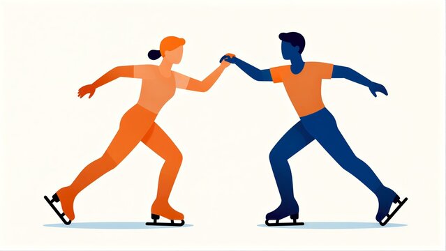 Two skaters, blue and orange, glide gracefully, hands joined in sync.