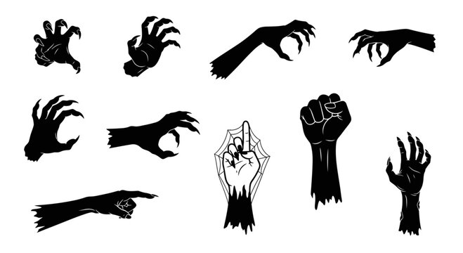 Collection of illustrated spooky and scary hand gestures and icons, suitable for Halloween themes