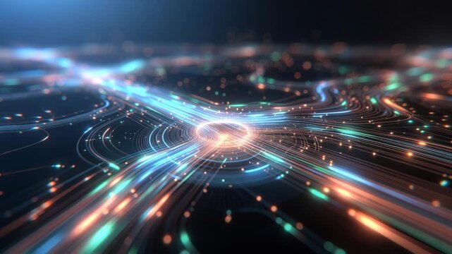 Abstract luminous pathways converge on a dark background, expressing digital connectivity, speed, and innovation
