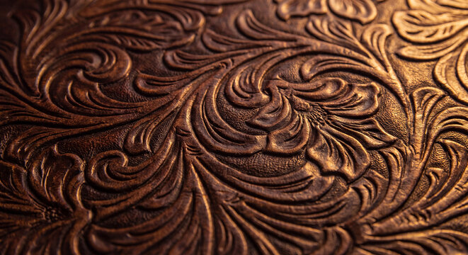 Tooled leather floral scroll pattern macro photo of embossed brown texture design