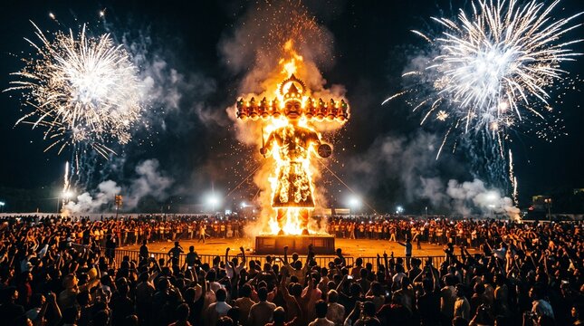 Crowd watching burning effigy of ravana during dussehra festival