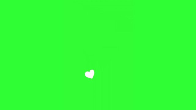 Minimal white heart animation featuring multiple floating heart shapes on a bright green screen background. 