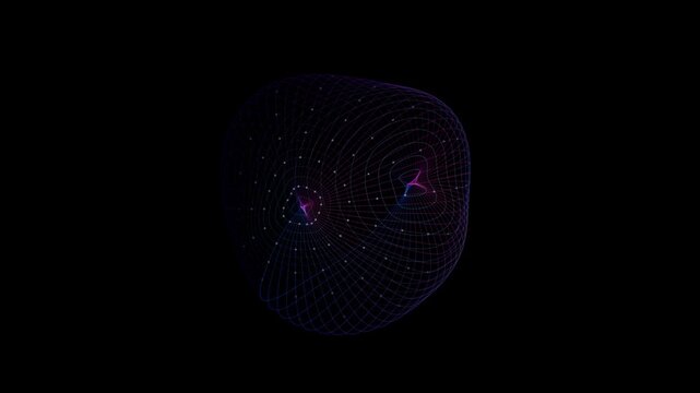 An abstract 3D wireframe geometric sphere rotates continuously against a dark background, displaying intersecting glowing grid lines and vertex points.