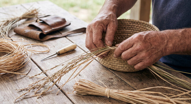 Hands weaving straw basket on wooden table photo of artisan craft with raffia