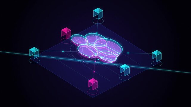 Abstract neural network visualization with glowing isometric data nodes and digital connectivity lines